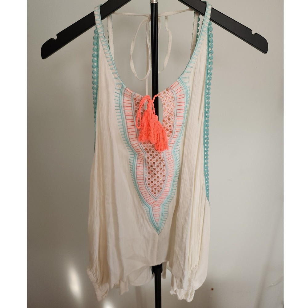California MoonRise Nomad Boho Embroidered Sequin Tassel Halter Top Ivory M‎